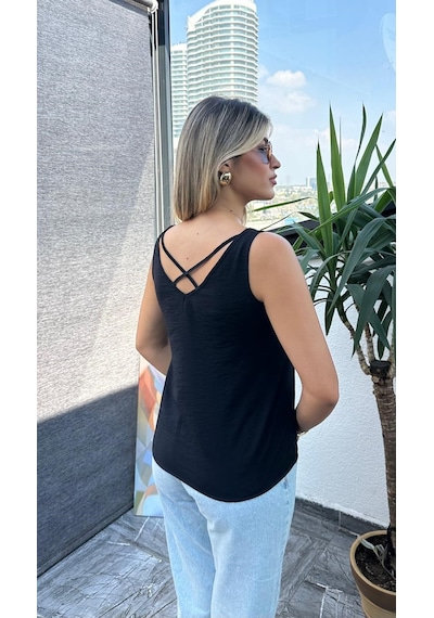 Kadın V Yaka Siyah Sıfır Kol Bluz 001