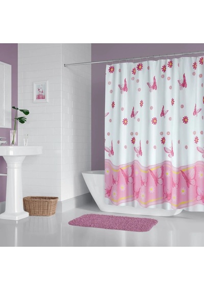 Banyo Perdesi 6020 1x180x200, Perde Borusu Askı Aparatı Köşe Boru Pembe Hediyeli, Duş Perdesi Seti Pembe