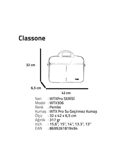 Classone Wtx306 Wtxpro Serisi 15.6 İnch Su Geçirmez Kumaş Apple Uyumlu MacBook , Laptop , Notebook El Çantası- Pembe