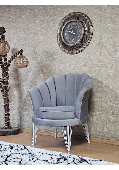 Zafir Tekli İstiridye Beyaz Boyalı Telli Ayak Çay Seti Koltuk Tekli Berjer , Balkon, Salon, Ofis Gri