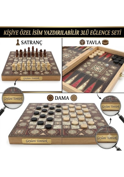 Kişiye Özel İsimli Lüks Ahşap Sedef Görünümlü 3ü 1 Arada Satranç Dama Tavla Kilitli Premium Set 34cm