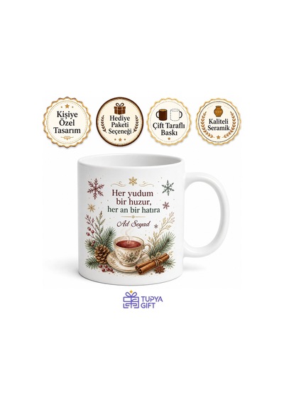 Kış Çayı Temalı Özel Tasarım Baskılı Kupa Bardak Hediye Porselen Mug Beyaz / Çok Renkli