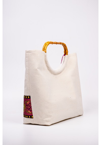 Fabric Craft Bag El Çantası Kanvas Etnik Dokuma Bordürlü Beyaz