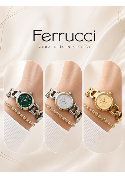 Ferrucci Küçük Vintage Kasa Çelik Kordon 3 Atm Kadın Kol Saati+bileklik Bfc.03766.3 Sarı