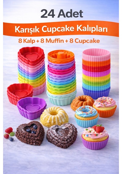 Silikon Karışık Mini Kek Kalıbı, Muffin + Kalp + Cupcake Kalıbı, Tekrar Kullanılabilir-24 Adet Çok Renkli - 904961942 Çok Renkli Silikon Karışık Mini Kek Kalıbı, Muffin + Kalp + Cupcake Kalıbı, Tekrar Kullanılabilir-24 Adet Çok Renkli - 904961942 Çok Renkli