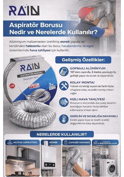 Vıvaluxe Aspiratör Borusu 127 Mm 3 Metre Alüminyum Esnek Havalandırma Hortumu, Davlumbaz, Mutfak Aspiratörü, Kombi