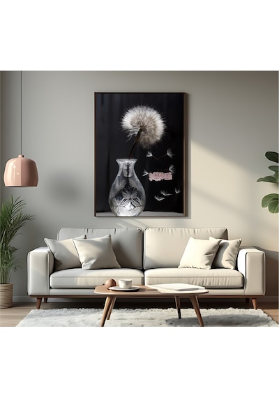 Çerçevesiz Poster Cam Vazo Ve Uçuşan Karahindiba Çiçeği