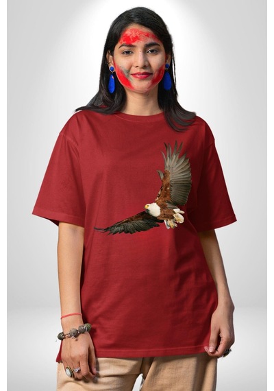 Kartal Özgürlük Pamuklu Bisiklet Yaka Unisex Oversize Boyfriend Dijital Baskılı Kırmızı T-shirt Kırmızı