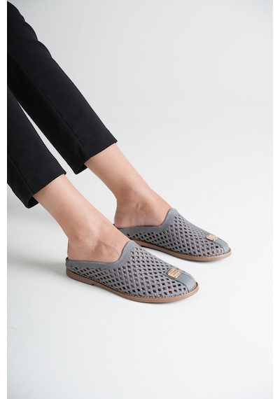 Analin Shoes Kadın Hakiki Deri Delikli Günlük Rahat Terlik Gri
