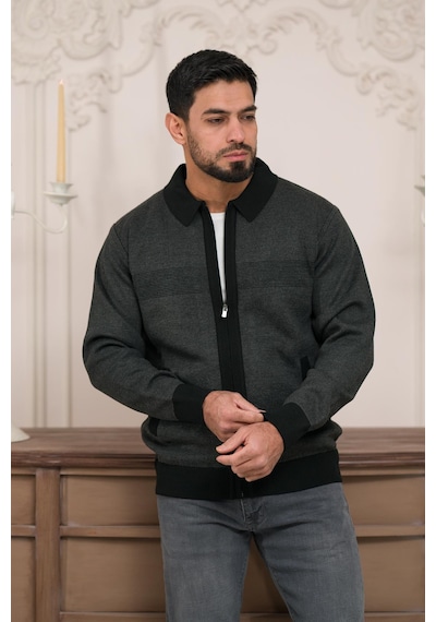 Woolen World Polo Yaka Fermuar Kapamalı Klasik Kesim Astarlı Desenli Çelik Örgü Hırka Antrasit Woolen World Polo Yaka Fermuar Kapamalı Klasik Kesim Astarlı Desenli Çelik Örgü Hırka Antrasit