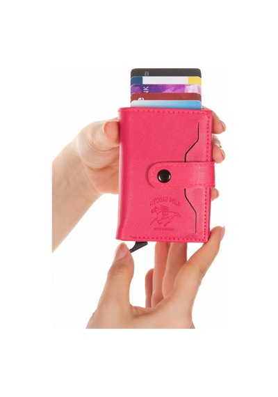 Newish Polo Deri Rfıd Koruyucu Alüminyum Otomatik Mekanizma Kartlık Ve Cüzdan New068 Pembe