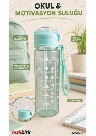 Bymyhand Yeşil Taşıma Kulplu Kilit Kapaklı Pipetli Suluk Okul Matarası Motivasyon Matarası 800 Ml