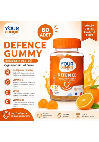 Defence C Vitamini, D3 Vitamini Ve Çinko İçeren Takviye Edici Gıda Bağışıklık Desteği Portakal Aromalı 60 Gummy