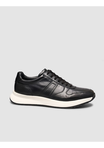 Cabani %100 Hakiki Deri Dokulu Siyah Napa Bağcıklı Erkek Sneaker Siyah