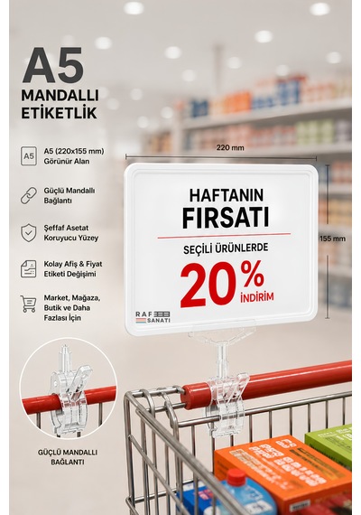 A5 Mandallı Etiketlik Fiyatlık Sepet Raf Askılık Fiyat Etiketi Çerçeveli Market Mağaza Beyaz