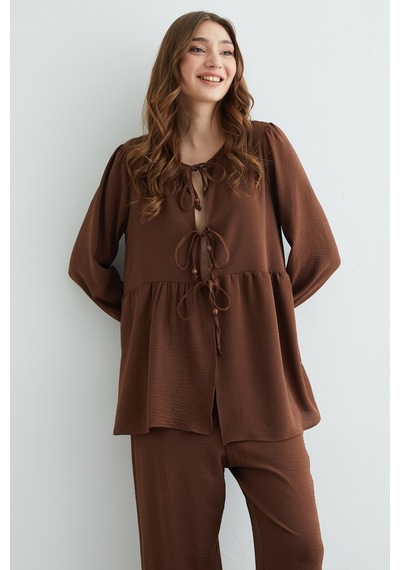Fullamoda Fullamodest Önü Bağlamalı Ayrobin Kimono 2 Li Takım Kahve