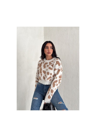 Wellway Leopar Desen Triko Crop Model Bisiklet Yaka Kazak Bej Bej