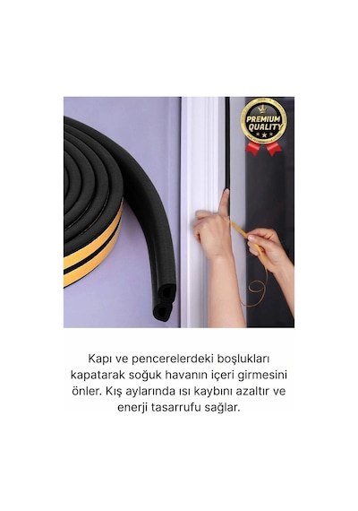 Premium Siyah Kapı Pencere Soğuk Toz Geçirmez İzolasyon Fitili Yapışkanlı Isı Yalıtım 2x5 10 Mt 10 Metre