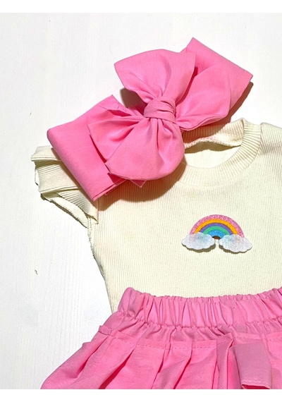Özge Başaran Popüler Kız Bebek Pembe Fırfır Şortlu Etek, Kolsuz Bluz, Diz Altı Çorap Ve Fiyonklu Pembe