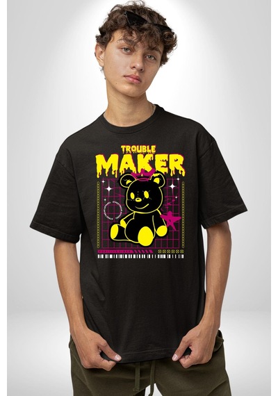 Baş Belası Teddy Pamuklu Bisiklet Yaka Unisex Oversize Boyfriend Dijital Baskılı Siyah T-shirt Siyah