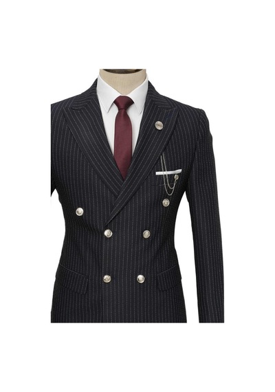 Beystil Sivri Yaka Siyah Çizgili Kruvaze Takım Elbise Togo036 - Slim Fit Siyah