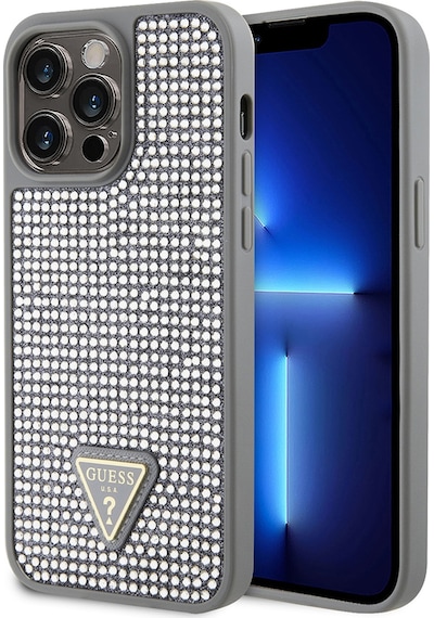 Apple Uyumlu iPhone 14 Pro Max Kılıf Guess Lisanslı Taşlı Arka Yüzey Üçgen Logolu Kapak Gümüş