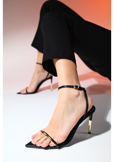 Luvishoes Bruno Siyah Cilt Tek Bantlı Kadın Yüksek Topuklu Ayakkabı Sıyah Cılt