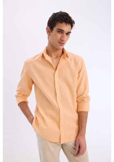 Defacto Regular Fit Polo Yaka Keten Karışımlı Yazlık Uzun Kollu Gömlek E0555ax25smog301 Turuncu