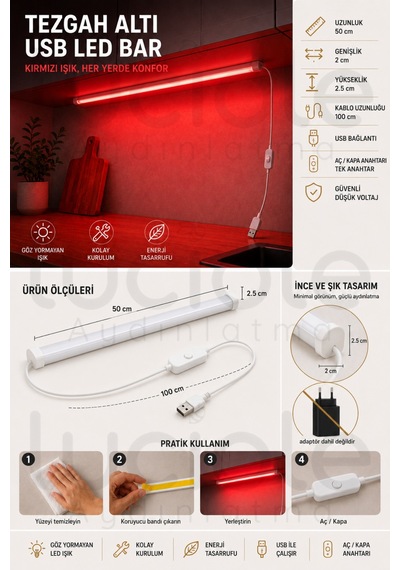 50 Cm Kırmızı Led Işık Usb Anahtarlı Dekoratif Gaming Masa Vitrin Raf Yapışkanlı Aydınlatma Barı