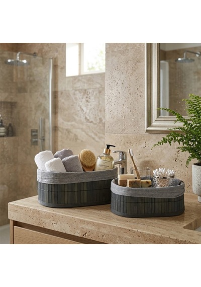 İbico İ22-331 Bambu Kenarlı Oval Organizer Sepet 2'li Set - Gri Bezli Ahşap Altlıklı