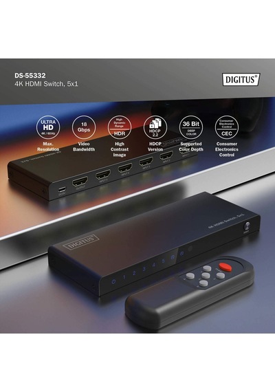 Digitus 5x1 Hdmı Switch, 4k/60hz Hdcp 2.2 Kumandalı Geçiş Kontrolü