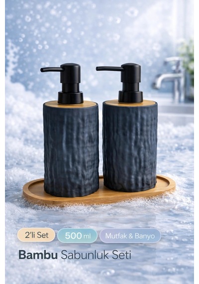 Buççin Online Mağaza 2li Bambu Detaylı Sıvı Sabunluk Seti 500ml Mutfak Banyo Taş Figürlü Hands Dishes Bambu Stantlı Set P Çok Renkli