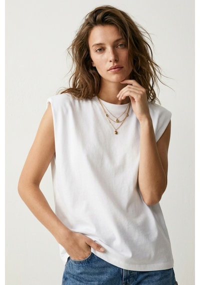 Elemge %100 Pamuk Süprem Tok Kumaş Kadın Oversize Beyaz T-shirt Geniş Omuzlu Dökümlü Kolsuz Bol Kalıp