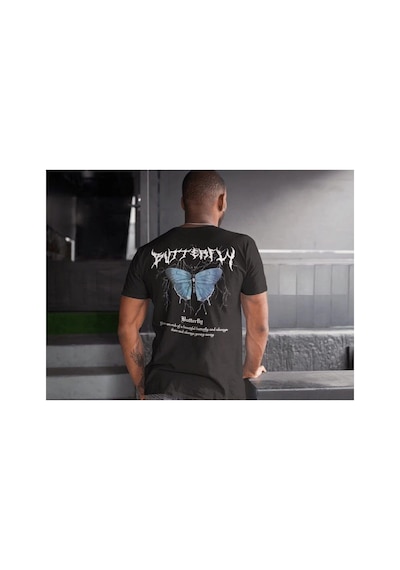 Erkek Tişort Bisiklet Yaka Kelebek Baskılı Kısa Kol T-shirt - Siyah