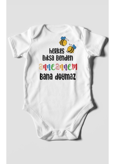 Herkes Bıksa Benden Anneannem Bana Doymaz Baskılı Bebek Zıbını %100 Pamuk Kısa Kol Beyaz