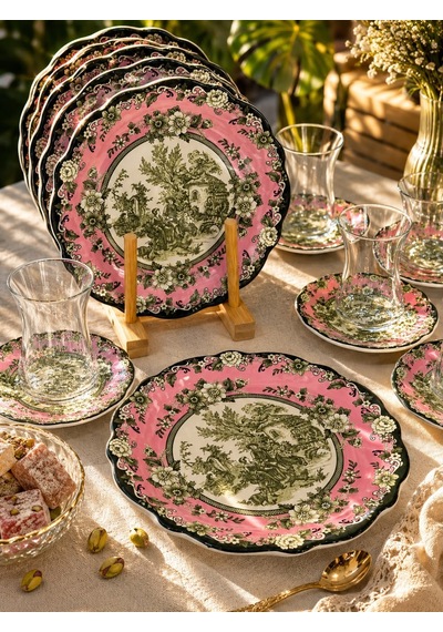 18 Parça 6 Kişilik Venora Pink Pasta Çay Saati Seti-7218 Çok Renkli
