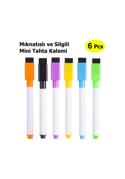 6 Adet Mıknatıslı Silgili Mini Beyaz Tahta Kalemi Keçeli Karışık Renkli Çok Renkli
