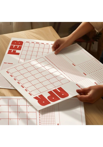 Tarihsiz Aylık Planlayıcı Takvim, Kırmızı Retro Organizer Planlayıcı