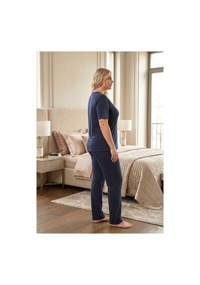 Eyfuze Kadın Büyük Beden Desenli Yakası Düğmeli Kısa Kollu Bambu Pijama Takımı Gri