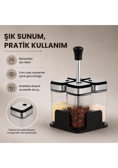 4 Lü Cam Baharatlık Seti, Standlı Paslanmaz Çelik Kapaklı Baharatlık Çok Renkli