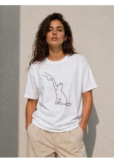 Hazego Minimal Kedi Çizim Baskılı Tişört Kısa Kol Yazlık T-shirt - Beyaz
