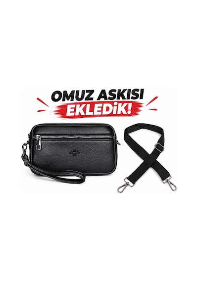 Deri,Se Club 1993 Erkek Çok Bölmeli Kartlık Detaylı Lüks El Ve Bileklik Kemerli Portföy El Çantası Siyah
