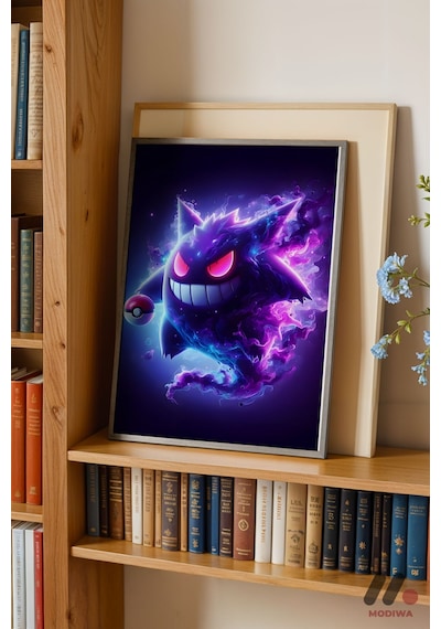 Pokemon Gengar Poster, Siyah Çerçeveli Duvar Tablosu - Anime Severlere Özel Hediye