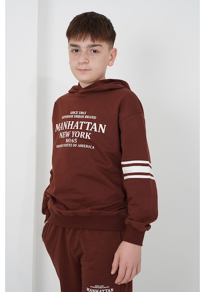 Haykids Erkek Çocuk İki İplik Kumaş Kapüşonlu Baskılı Eşofman Takımı Kahverengi