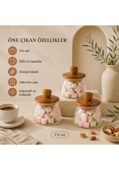 3'lü Set 500 Ml Akasya Kapaklı Vakumlu Cam Kavanoz Saklama Kabı, Kahve Kuruyemiş Baharat Ve Erzak Düzenleyici Diğer