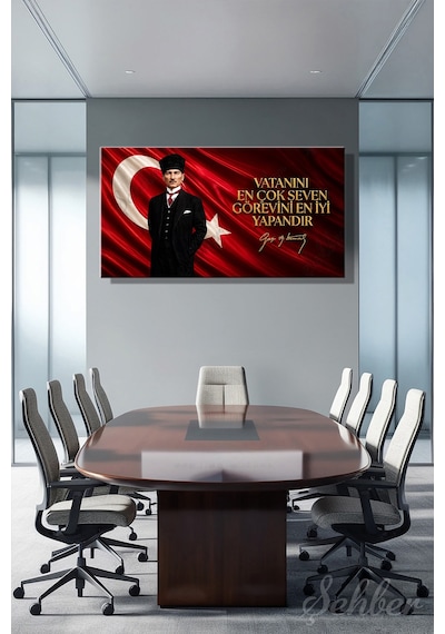 Türk Bayrağı Motifi Gazi Mustafa Kemal Atatürk Portresi Ve Bir Özlü Sözü Yatay Kanvas Tablo 4170 Çok Renkli