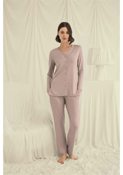 Lisinya Uzun Kollu Boydan Düğmeli V Yaka Pijama Takımı Vizon
