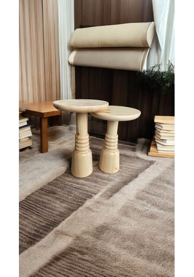 Wood Ahşap 2'li Set Boğumlu Mantar Yan Sehpa Modern Fiskos / Naturel Renk / Zigon Sehpa Vernikli Kahverengi