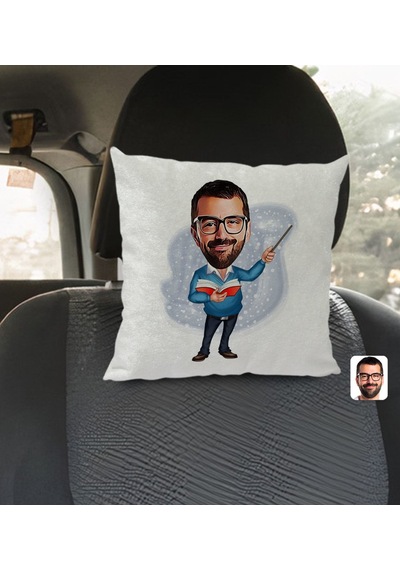 Bk Gift Kişiye Özel Erkek Öğretmen Karikatürlü Kare Araç Koltuk Yastığı-2 Çok Renkli