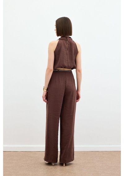 Sateen Degaje Yaka Bluz - Kahve Kahve